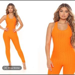 *SOLD* Haylee Honeycomb Jumpsuit-Neon Orange.